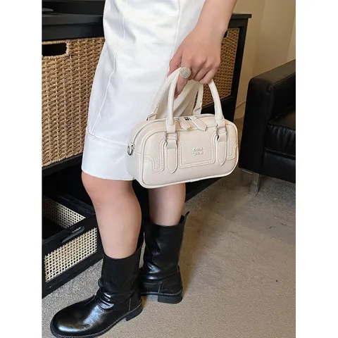 Women Retro PU Leather Boston Handbag Small Square Crossbody Bag Korean Style Simple Daily Versatile Top Handle Bag With Adjustable Strap
