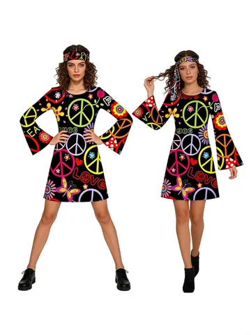 Polyester Retro Hippie Disco Costume Dress And Headband Floral Peace Sign Print Trumpet Sleeve Mini Dress For Halloween Party Women Clothing