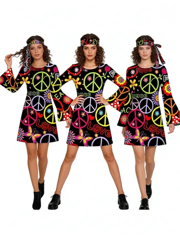 Polyester Retro Hippie Disco Costume Dress And Headband Floral Peace Sign Print Trumpet Sleeve Mini Dress For Halloween Party Women Clothing