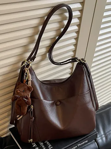 Vintage PU Leren Grote Capaciteit Tote Tas Voor Dames Veelzijdige Multifunctionele Rugzak Dagelijkse Casual Tas Met Beer Hanger