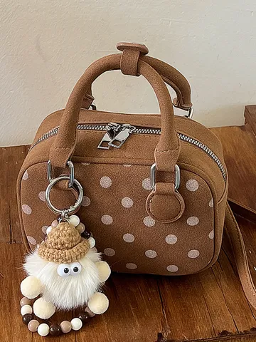 Women's Retro Polka Dot PU Leather Bowling Handbag Niche Simple Shoulder Bag Commuter Crossbody Bag With Plush Doll Charm