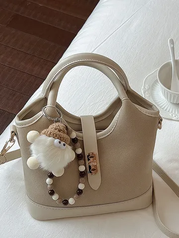 Women Urban Minimalist PU Leather Bucket Bag Patchwork Handbag Single Shoulder Bag Trendy Crossbody Bag With Cute Plush Charm
