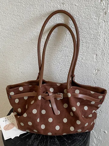 Borsa Tote da Donna a Pois in Camoscio Grande Capacità Borsa a Spalla Urban Chic per Lavoro Quotidiano Khaki Verde Marrone Caffè Nero