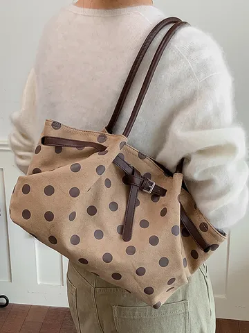 Borsa Tote da Donna a Pois in Camoscio Grande Capacità Borsa a Spalla Urban Chic per Lavoro Quotidiano Khaki Verde Marrone Caffè Nero