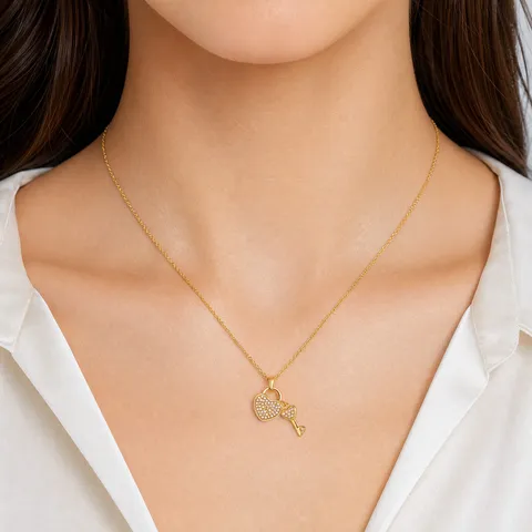 European Design Stainless Steel Gold Tone Heart Shaped Lock And Key Pendant Necklace With Micro Inlaid Zirconia Jewelry For Women