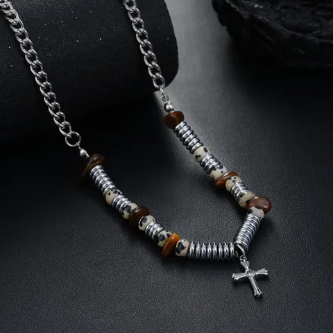Collier Pendentif Croix en Acier Inoxydable Hommes Femmes Style Punk Rétro Chaîne de Perles Cadeau de Bijoux de Mode