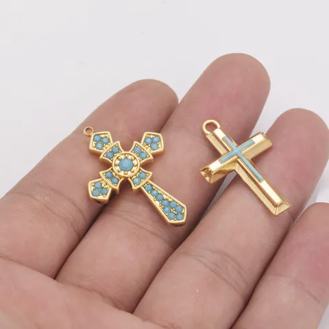 Ciondolo a Croce in Acciaio Inossidabile Con Turchese Artificiale Strass Placcato Oro 18K Gotico Fai da Te Accessori per Gioielli
