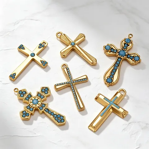 Ciondolo a Croce in Acciaio Inossidabile Con Turchese Artificiale Strass Placcato Oro 18K Gotico Fai da Te Accessori per Gioielli
