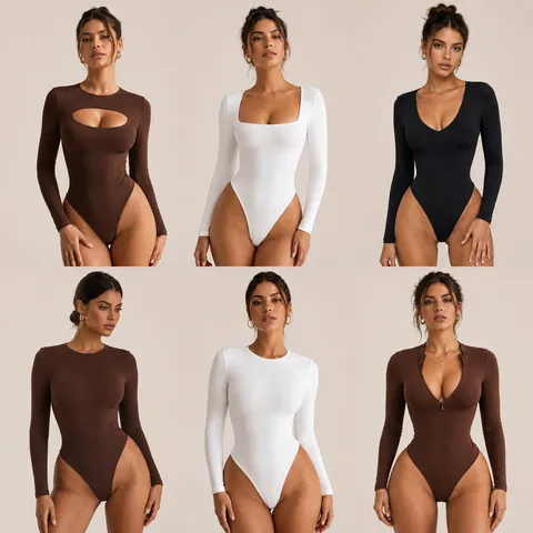 Bodysuit Sexy de Manga Larga Para Mujer Ajuste Ceñido Color Sólido Moldeador Jumpsuit Top Otoño Invierno Ropa Sin Costuras
