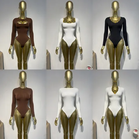 Bodysuit Sexy de Manga Larga Para Mujer Ajuste Ceñido Color Sólido Moldeador Jumpsuit Top Otoño Invierno Ropa Sin Costuras