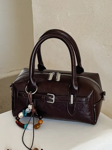 Women Urban Minimalist PU Leather Bowling Pillow Bag Fashion Quilted Stitching Handbag Crossbody Small Square Bag With Pendant