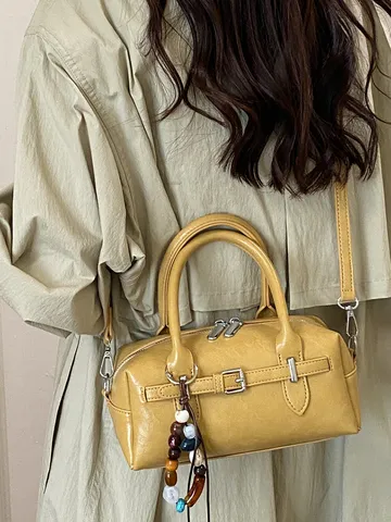 Women Urban Minimalist PU Leather Bowling Pillow Bag Fashion Quilted Stitching Handbag Crossbody Small Square Bag With Pendant