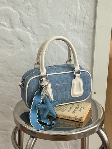 Women Retro PU Boston Handbag Denim Texture Pillow Bag Vintage Shoulder Crossbody Bag For Women Daily Work Office Travel Gift