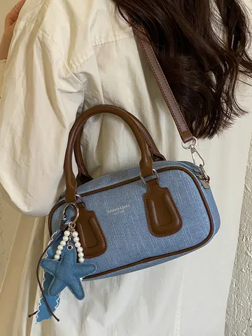 Women Retro PU Boston Handbag Denim Texture Pillow Bag Vintage Shoulder Crossbody Bag For Women Daily Work Office Travel Gift