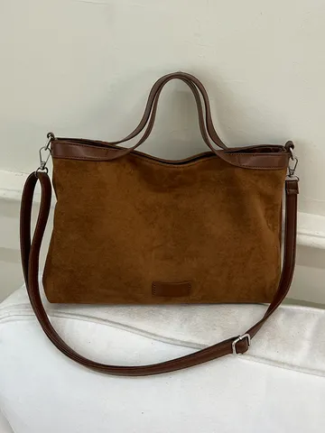 Damen Minimalistische Wildlederimitat Große Kapazität Tote Bag Koreanischer Lässiger Stil Schlichte Pendler Umhängetasche Retro Hobo Handtasche