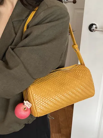 Dames Geweven Patroon PU Leer Onderarmtas Cilindrische Schoudertas Crossbodytas Met Appelhanger Minimalistische Forenzentas
