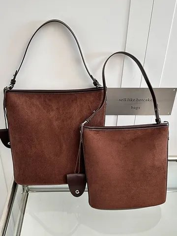 Borsa a Secchiello da Donna in Finta Scamosciata Vintage Retro Leopardata Cachi Marrone Borsa a Tracolla Minimalista