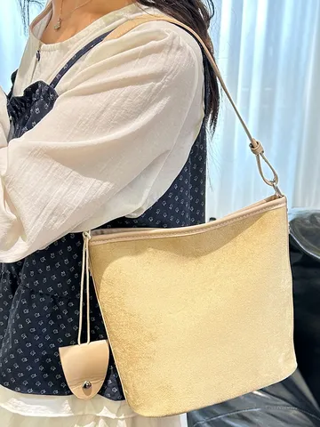 Borsa a Secchiello da Donna in Finta Scamosciata Vintage Retro Leopardata Cachi Marrone Borsa a Tracolla Minimalista