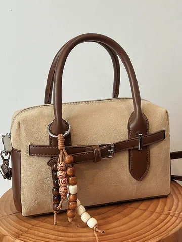 Vintage Women PU Leather Suede Stitching Pillow Bag Small Crossbody Bag With Wooden Bead Pendant Daily Commute Shoulder Bag