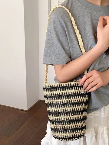 Damen Koreanisch Retro Stroh Eimertasche Handgewebte Gestreifte Kordelzug Umhängetasche Lässige Strand Sommer Handtasche Für Damen