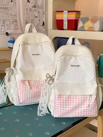 Large Capacity Casual Cute School Backpack Japanese Style Plaid Polka Dot Backpack For Teen Girls Students Bookbag