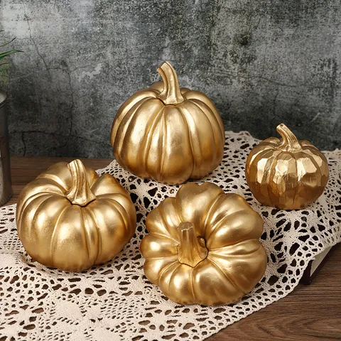 Golden Kunstharz Kürbis Figur Halloween Tischdekoration Simulation Kürbis Ornament Herbst Erntefest Heimdekoration
