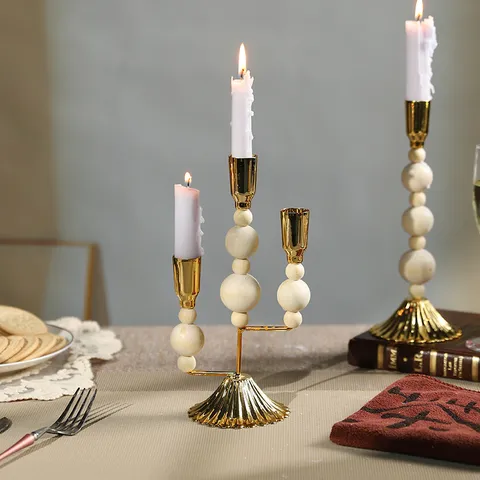 Retro Holzperle Eisen Kerzenhalter Vintage Metall Kerzenständer Für Zuhause Restaurant Wohnzimmer Tischdekoration Beleuchtung