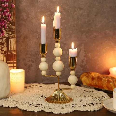 Retro Holzperle Eisen Kerzenhalter Vintage Metall Kerzenständer Für Zuhause Restaurant Wohnzimmer Tischdekoration Beleuchtung