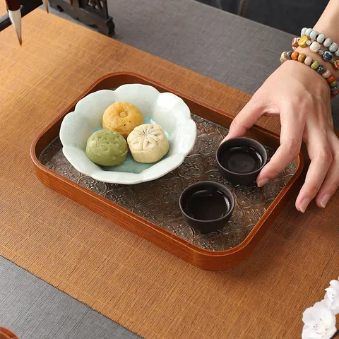 Chinesisches Antikes Holz Begonien Geprägtes Glas Tee Dessert Tablett Zuhause Wohnzimmer Snack Quadratisches Serviertablett