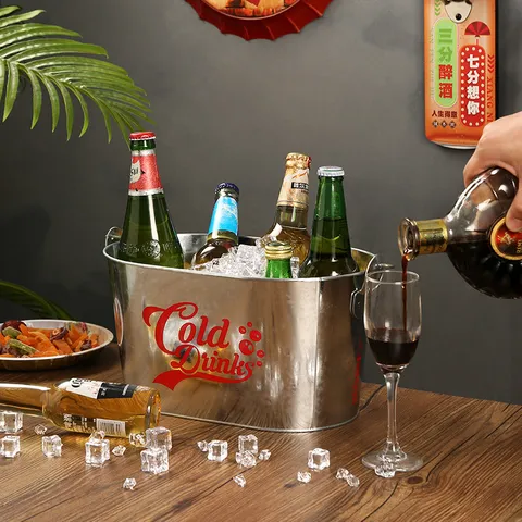 Retro Vintage Metall Eisen Eiskübel Großer Ovaler Bar Champagner Bier Kühlkübel Mit Holzgriff Heim Party Barzubehör