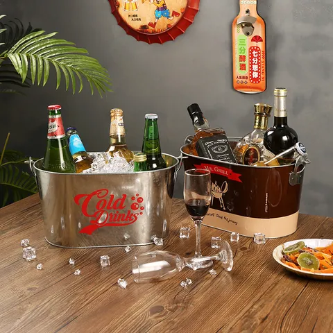 Retro Vintage Metall Eisen Eiskübel Großer Ovaler Bar Champagner Bier Kühlkübel Mit Holzgriff Heim Party Barzubehör