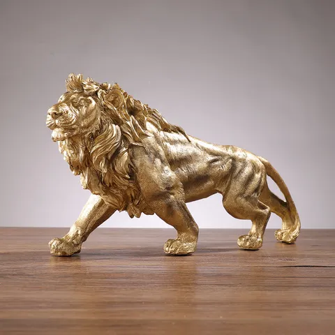 Style Chinois Résine Lion Figurine Dorée Lion Sculpture Bureau Ornement Pour Maison Bureau Meuble Vin Bibliothèque Décor Cadeau