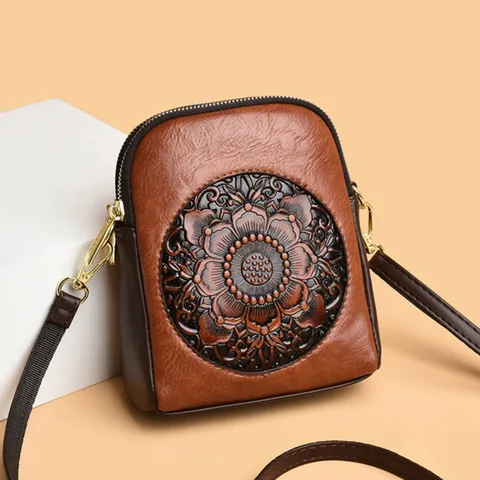 Retro Embossed PU Leather Crossbody Phone Bag For Women Mandala Floral Small Shoulder Bag Daily Fashion Handbag Pocket Wallet