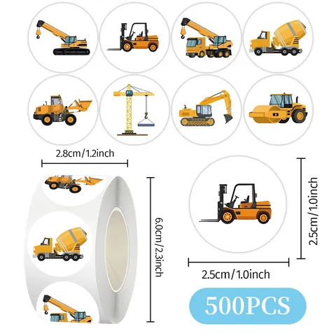 Cartoon Construction Vehicle Roll Stickers Cute Decals For Kids Toys Gift Packaging Sealing Labels School Supplies