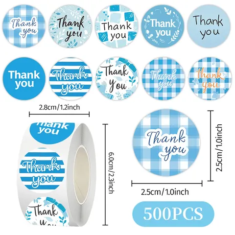 Blue Thank You Stickers Roll Round Sealing Adhesive Labels 10 Designs For Gift Packaging Party Decoration Stationery