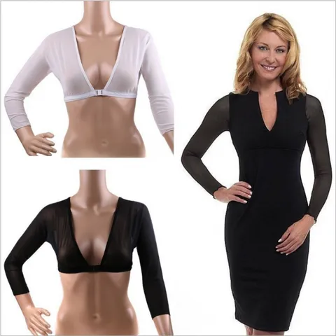 Amazing Arms Women Mesh Bust Support Shaper Top Front Buckle Cropped Long Sleeve T-Shirt Underwear Arm Sleeves Shaping Vest