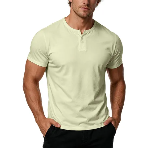 Men's Casual Short Sleeve Henley T-Shirt Solid Color Button Down Cotton Breathable Summer Top Fashion Basic Business Tee For Men
