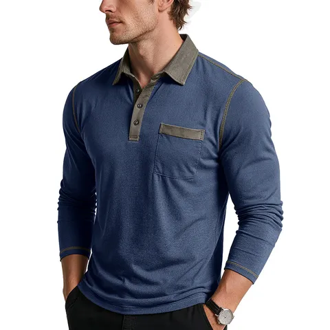 Men's Casual Long Sleeve Polo Shirt Contrast Collar Polyester Blend Top Patch Pocket Stitching Autumn Spring Fashion