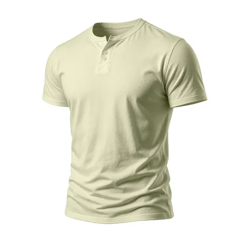 Men's Casual Short Sleeve Henley T-Shirt Solid Color Button Down Cotton Breathable Summer Top Fashion Basic Business Tee For Men