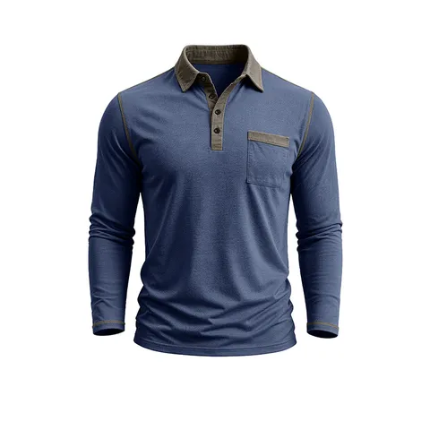 Men's Casual Long Sleeve Polo Shirt Contrast Collar Polyester Blend Top Patch Pocket Stitching Autumn Spring Fashion