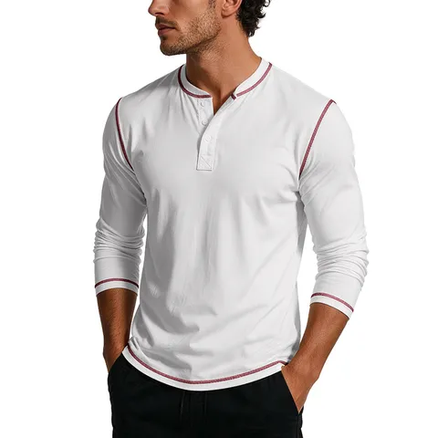 Men Casual Long Sleeve Henley T-Shirt Pure Cotton Contrast Stitching Autumn Fashion Basic Top Comfort Breathable Shirt