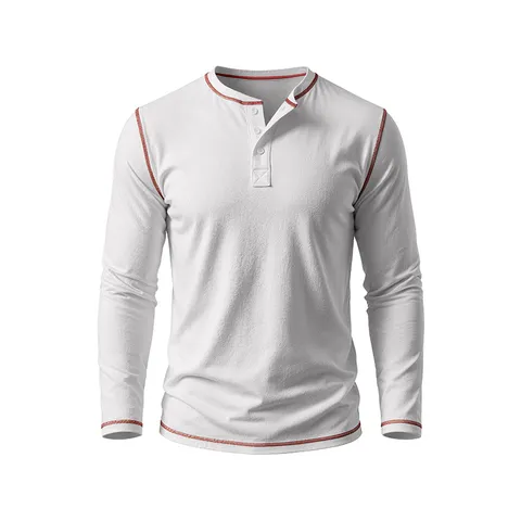 Men Casual Long Sleeve Henley T-Shirt Pure Cotton Contrast Stitching Autumn Fashion Basic Top Comfort Breathable Shirt