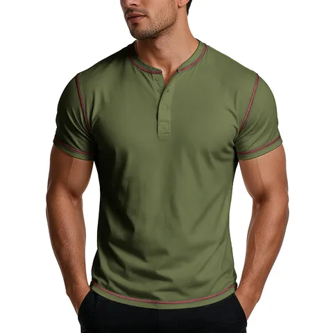 Men's Vintage Cotton Henley Shirt Slim Fit Short Sleeve Summer T-Shirt Retro Solid Color Casual Top With Contrast Stitching