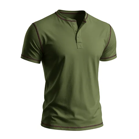 Men's Vintage Cotton Henley Shirt Slim Fit Short Sleeve Summer T-Shirt Retro Solid Color Casual Top With Contrast Stitching