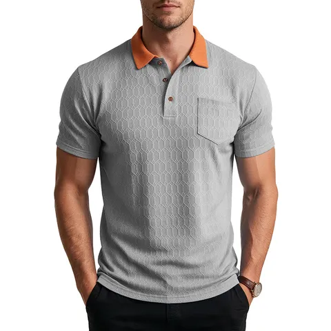 Men Casual Mesh Texture Polo Shirt Contrast Collar Short Sleeve Breathable Moisture Wicking Top With Chest Pocket Honeycomb Pattern