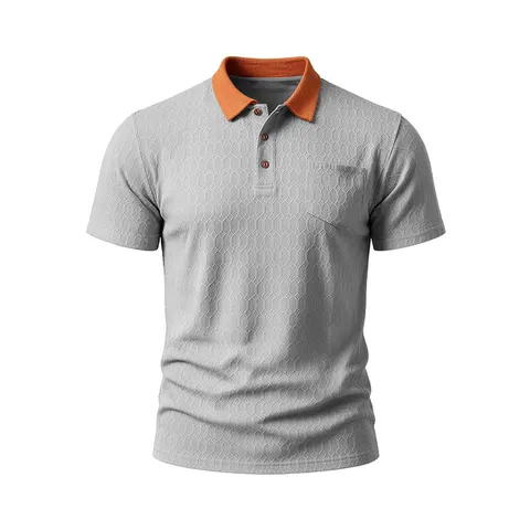 Men Casual Mesh Texture Polo Shirt Contrast Collar Short Sleeve Breathable Moisture Wicking Top With Chest Pocket Honeycomb Pattern