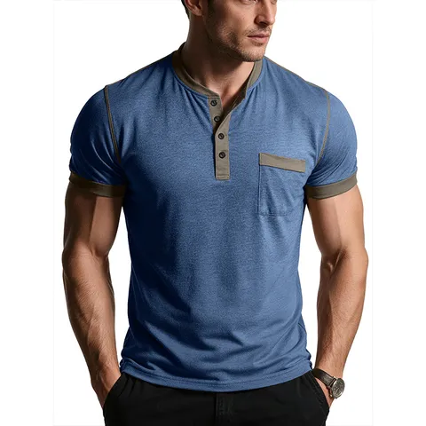 Men Casual Henley Neck T-Shirt Short Sleeve Athletic Muscle Fit Top Contrast Color Block Trim American Style Summer Fashion Polyester Spandex Blend Breathable Tee