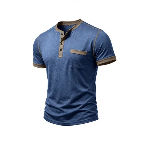 Men Casual Henley Neck T-Shirt Short Sleeve Athletic Muscle Fit Top Contrast Color Block Trim American Style Summer Fashion Polyester Spandex Blend Breathable Tee
