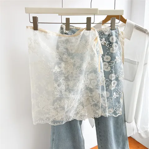 Dames Bloemen Geborduurd Shirt Extender Gelaagde Valse Zoom Denim Kant Patchwork Bottom Mini Rok Voor Shark Pants Grote Maten