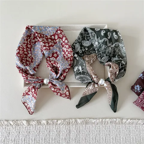 Women Small Square Satin Scarf With Artificial Pearl Ring Printed Paisley Floral Neck Scarf Korean Style Hair Band Decor